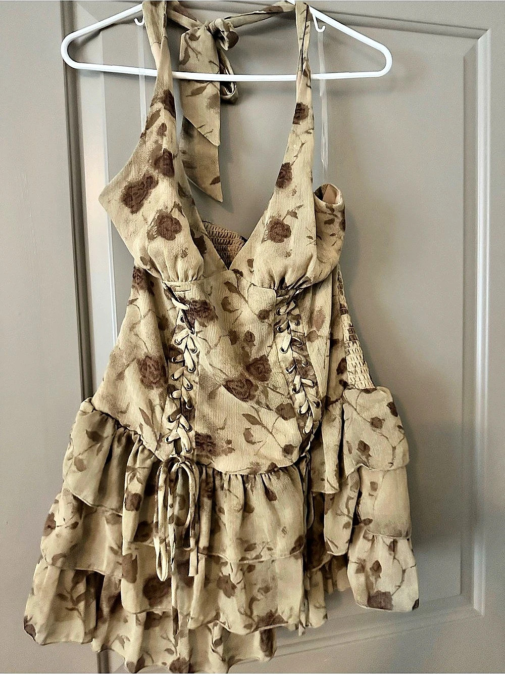 Floral Mini Dress in Beige & Brown